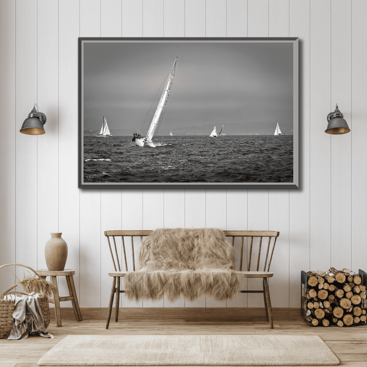 Framed Black and white sailing photograph of a starboard tack on San Francisco Bay in a contrary house reception room