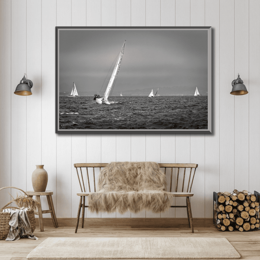 Framed Black and white sailing photograph of a starboard tack on San Francisco Bay in a contrary house reception room