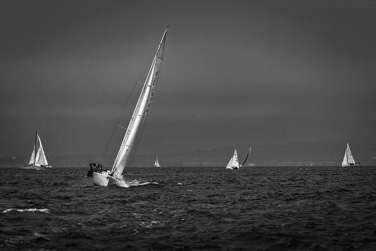 Black and white photograph of sailboats on San Francisco Bay, featuring a sharply heeling yacht in the foreground and layered boats across the horizon.