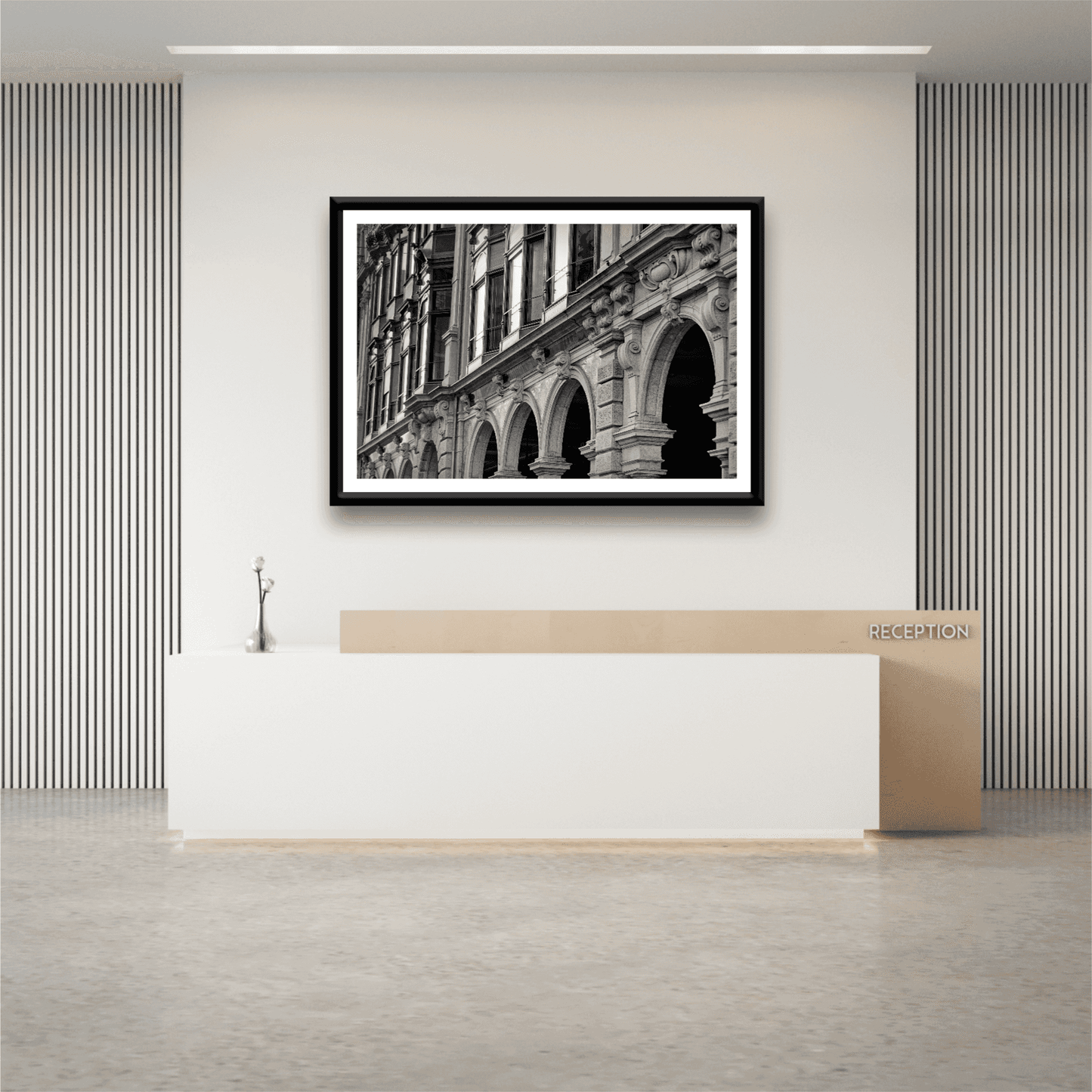 Zurich Series #4 – The Architecture Speaks framed fine art print by Michael Hart displayed in a minimalist reception area, showcasing European architectural texture in monochrome.