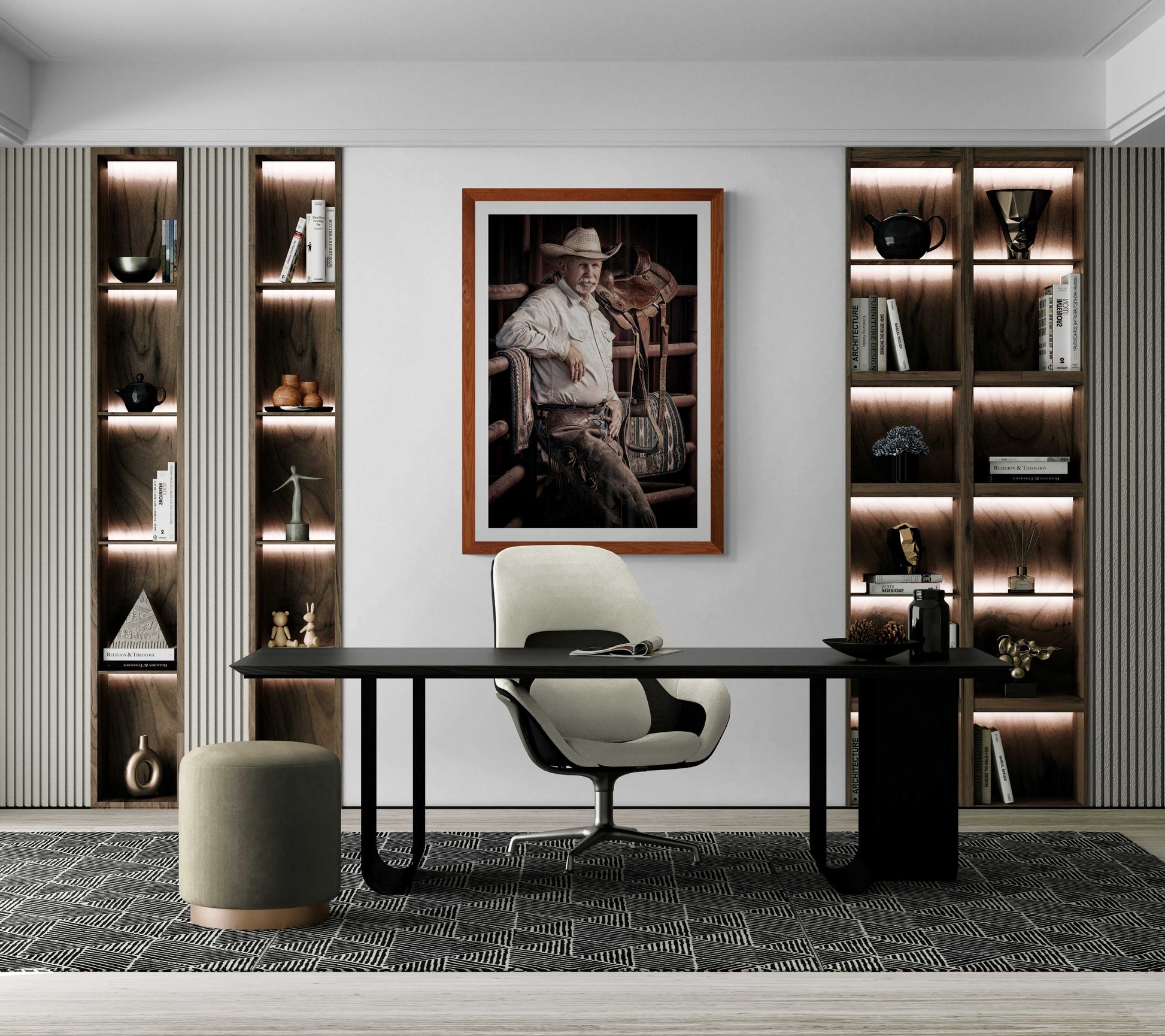 Office space with The Foreman-A Portrait of A Texas Cowboy framed on wall, merging Texas western wall art with contemporary executive decor.