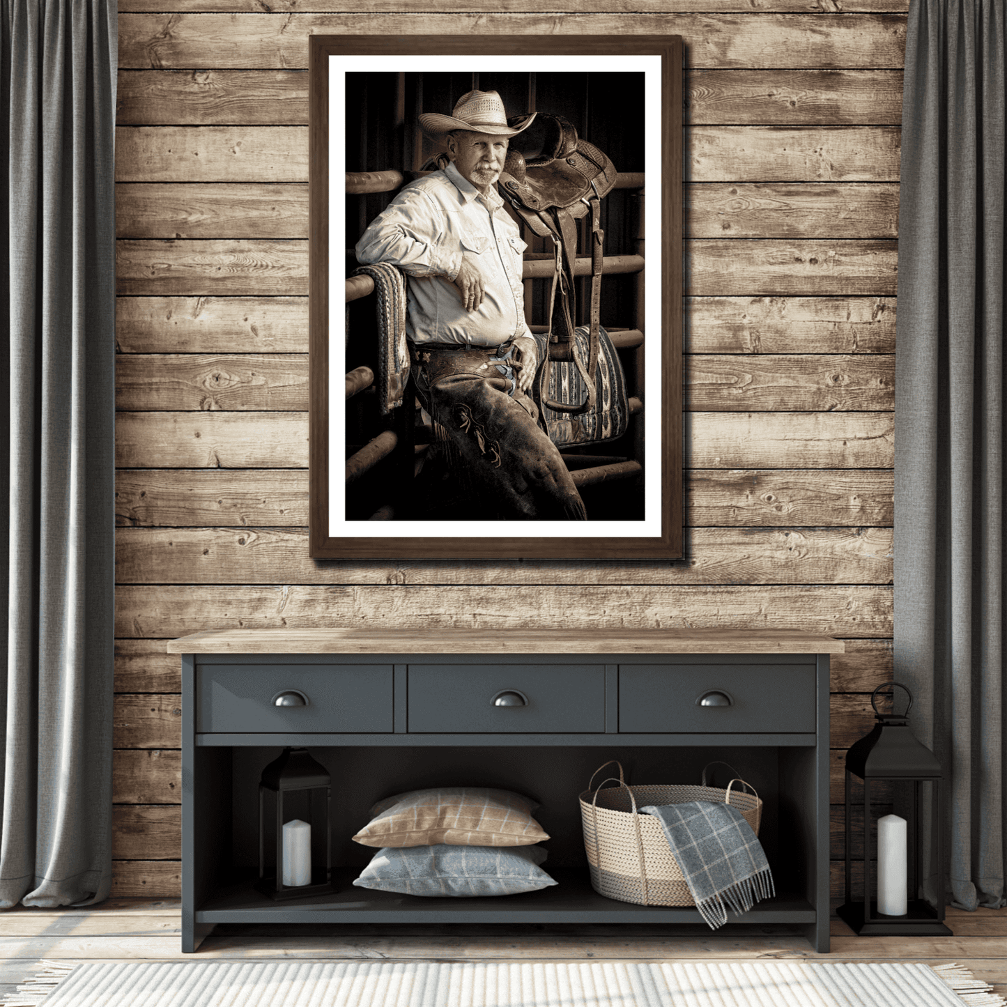 The Foreman-A Portrait of A Texas Cowboy in a wood-accented living room, showcasing limited edition western wall art for rustic home decor appeal.