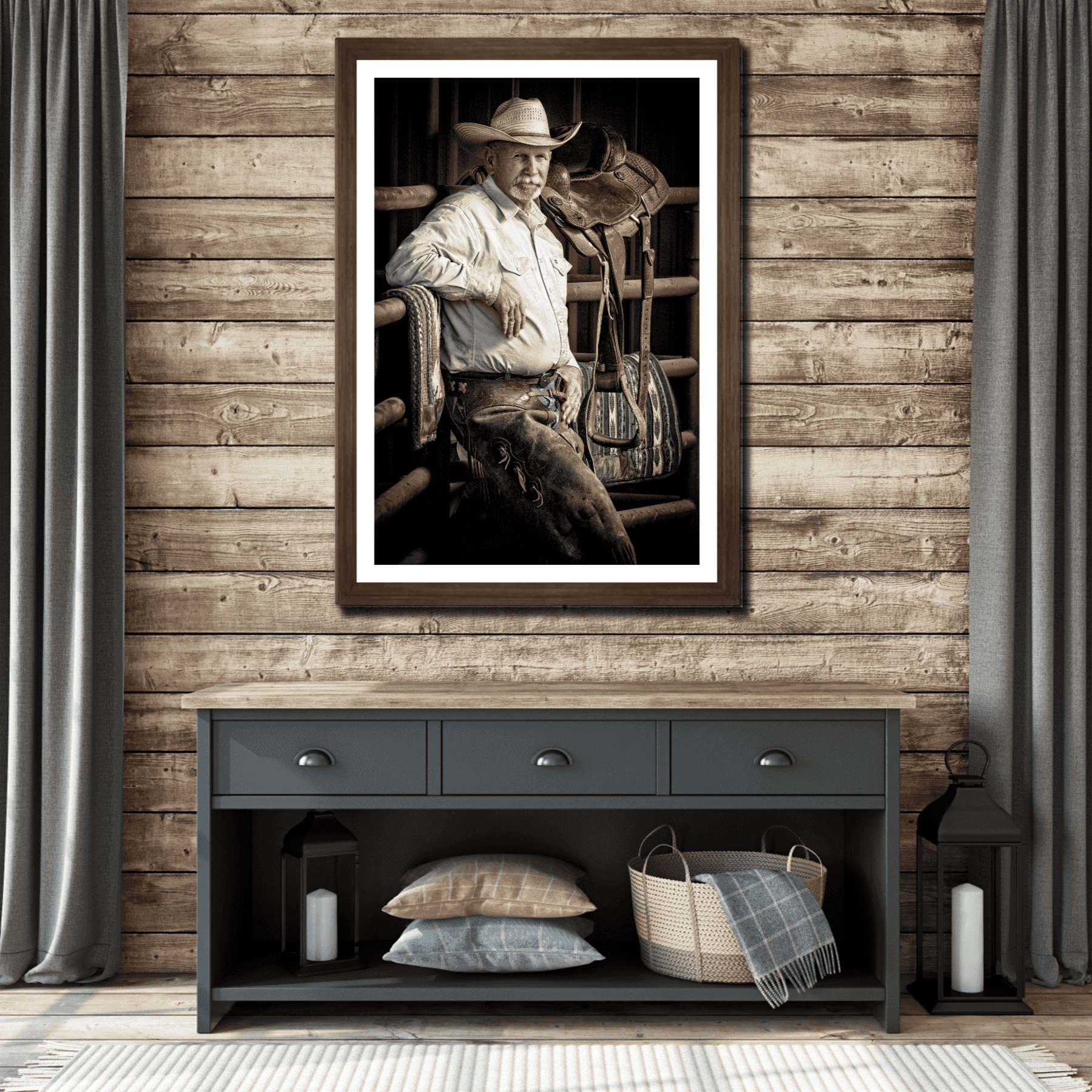 The Foreman-A Portrait of A Texas Cowboy in a wood-accented living room, showcasing limited edition western wall art for rustic home decor appeal.
