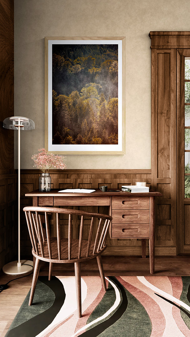 The Forest Illuminated fine art photograph in a light wood frame above a wooden desk in a traditional study with rich wood paneling and classic furnishings.