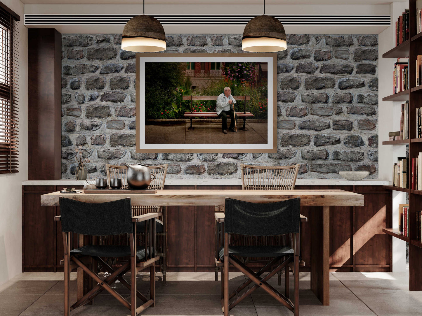 Troyes France Art Print displayed in rustic dining room, featuring elderly man on bench in historic French street. Limited Edition wall art decor.