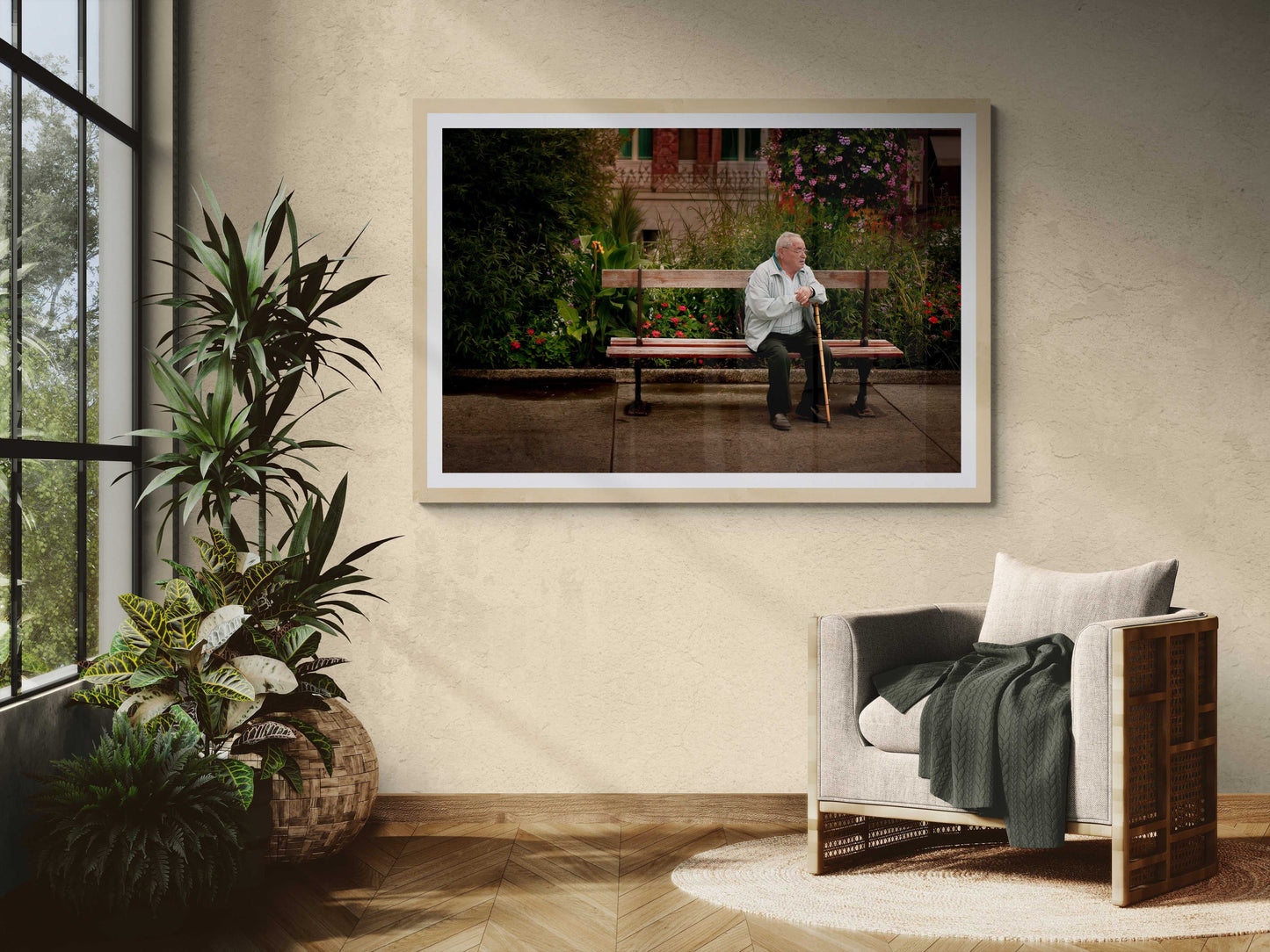Troyes France Art Print featuring an elderly man on a bench in a lush garden street scene, perfect for French wall art and interior design decor.