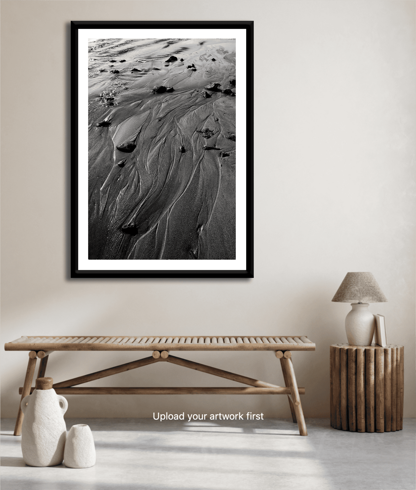 'Traces #3' black and white coastal sand print featured in a neutral-toned hallway, perfect for minimalist and nature-inspired interior design.