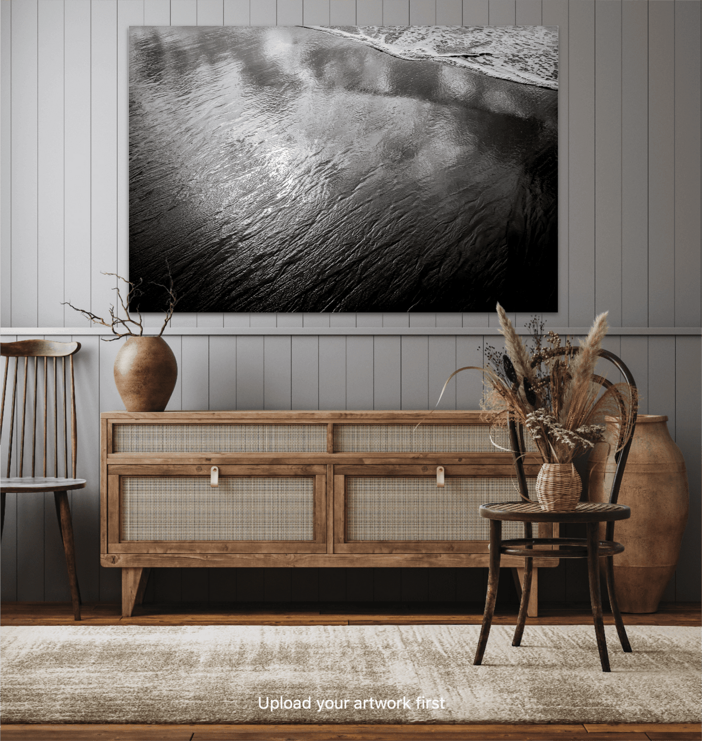 Black and white coastal artwork 'Traces #4 – Reflections at the Sea Edge, Maine' displayed in rustic home decor with wooden sideboard and neutral tones.