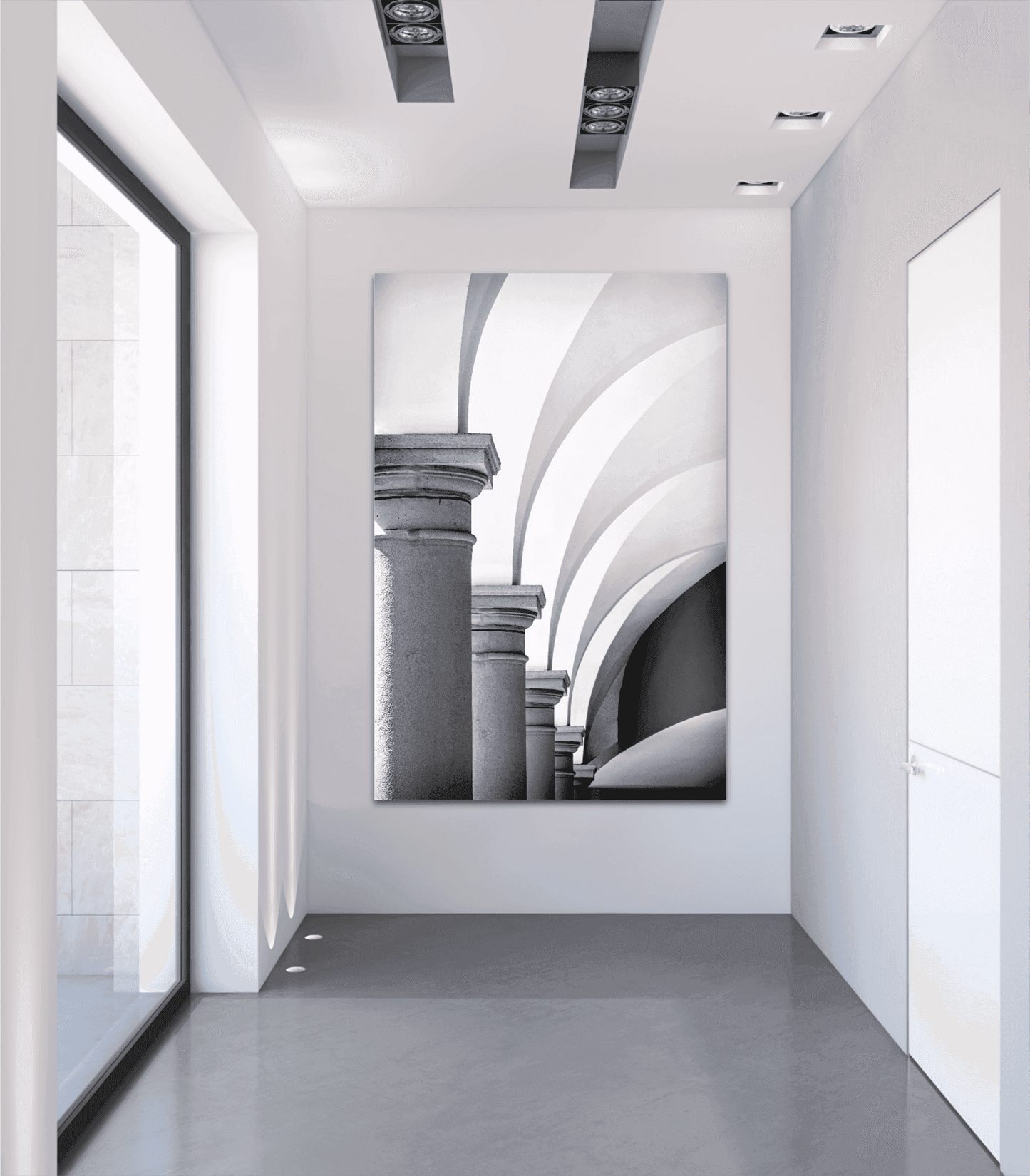 Arches, Barberino – Limited Edition black and white photograph of Italian architecture featuring elegant stone columns and curved arches in a modern hallway. Ideal for collectors and interior designers seeking fine art wall decor with European architectural charm.