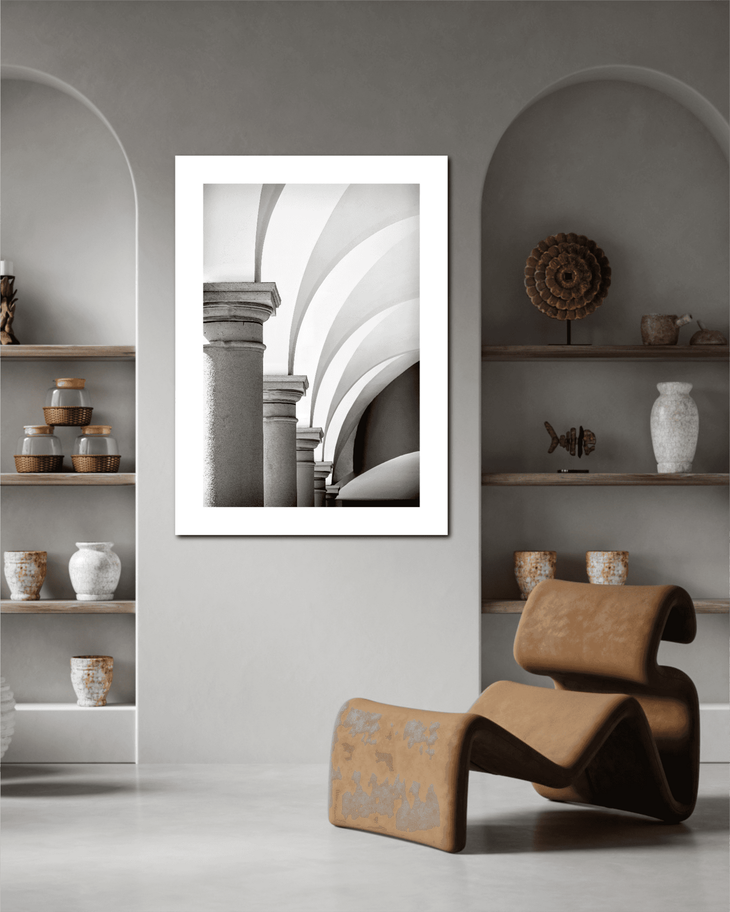 Arches, Barberino – Limited edition black and white photograph of Italian architecture featuring elegant arches in a modern interior setting. Fine art wall decor ideal for collectors and interior designers seeking timeless European architectural photography.