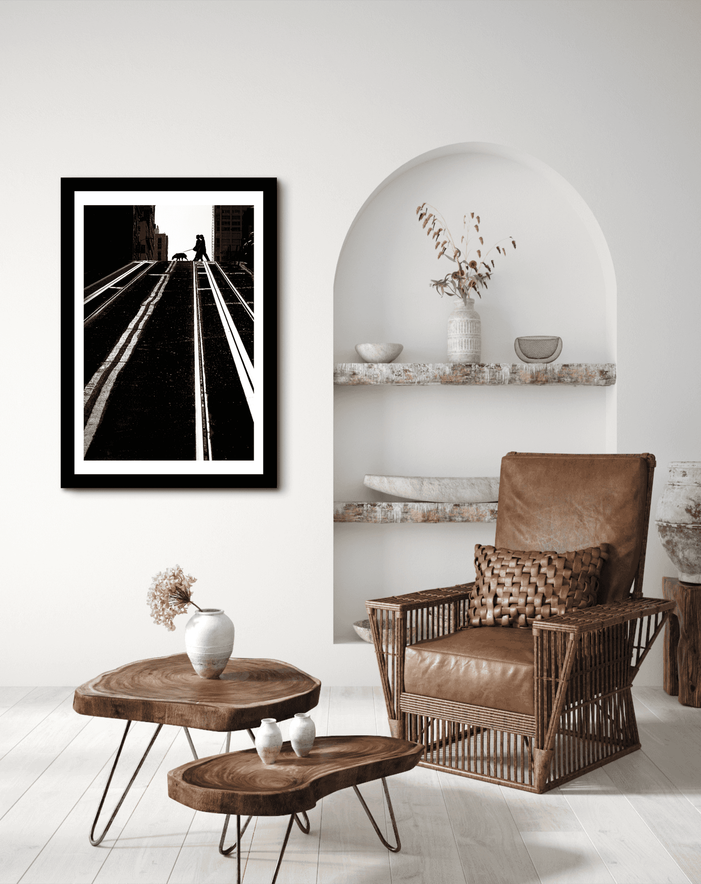 San Francisco Photography-Serendipitous Street Art print in a rustic-modern living space, adding collectible urban landscape wall art to interior decor.