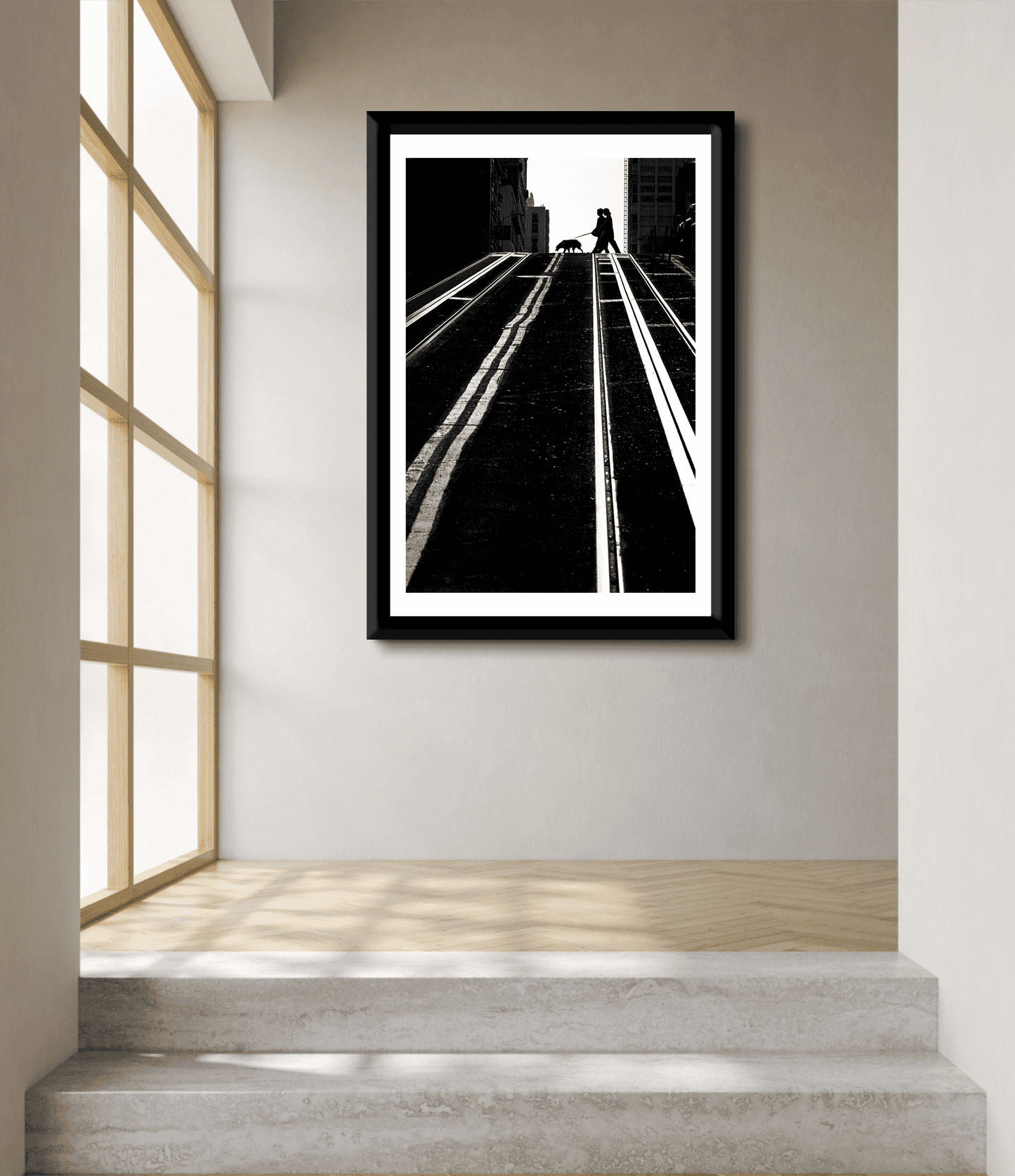 San Francisco Photography-Serendipitous Street Art framed artwork in a minimalist hallway, showcasing fine art black and white cityscape with leading lines.