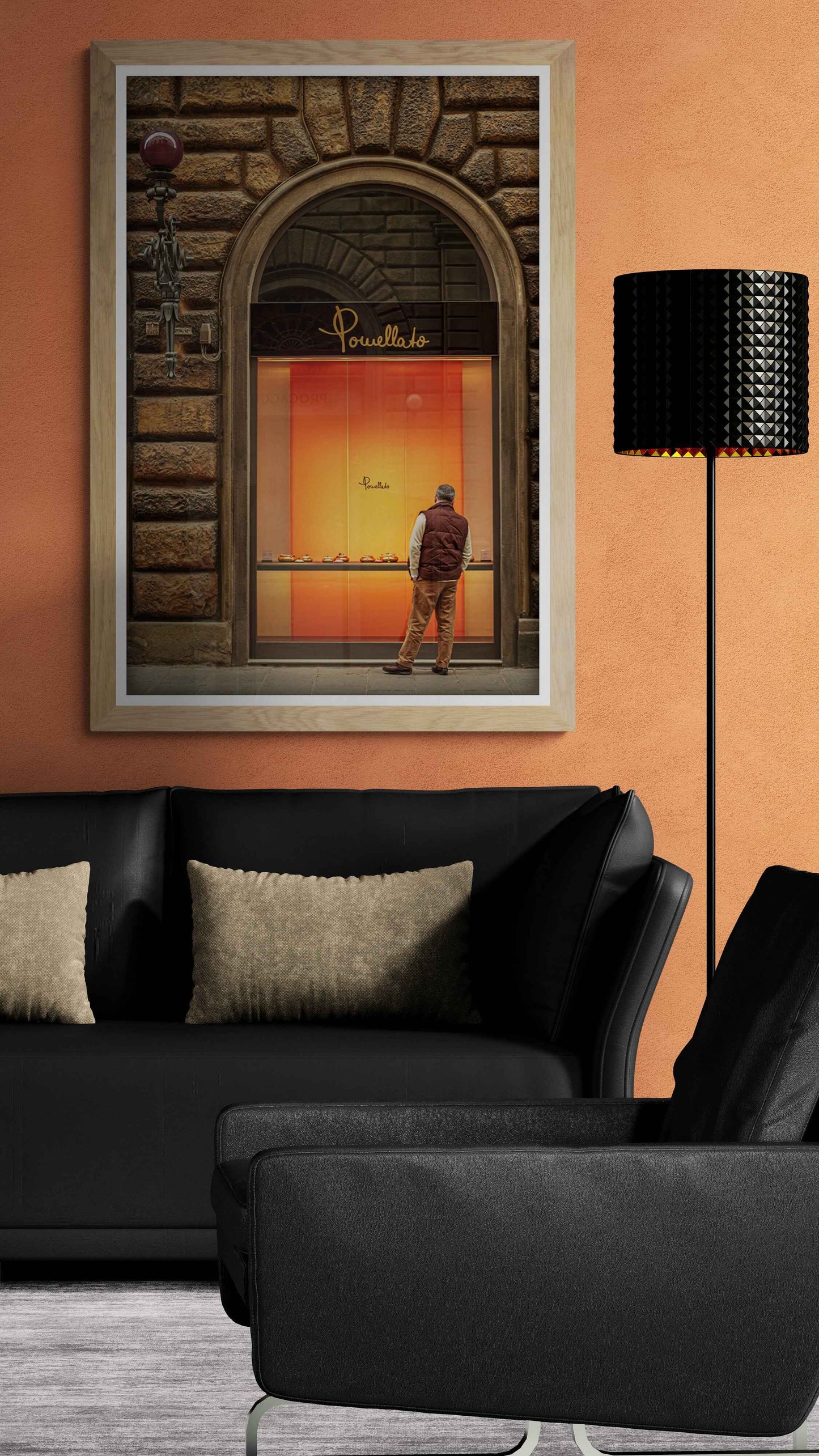 Florence street art fine art photo with man viewing window display, urban decor