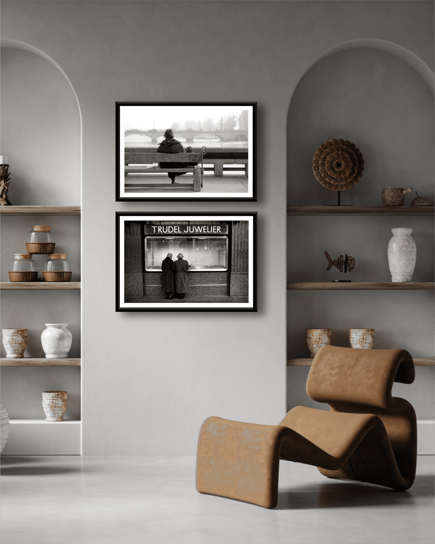 Zurich Series #7 – Window Shopping on Bahnhofstrasse paired with another monochrome print in a neutral-toned room with built-in shelves and modern chair.
