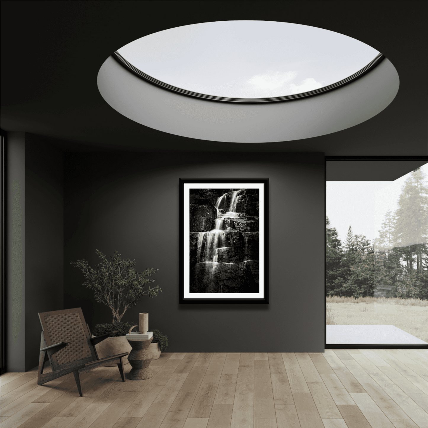 Framed Woodland Cascade waterfall print by Michael Hart in a modern living space with skylight, highlighting fine art landscape photography in interior design.